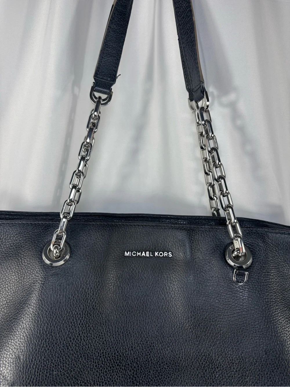 Michael Kors Large Pebbled Leather Chain Tote Bag Navy Silver Hardware